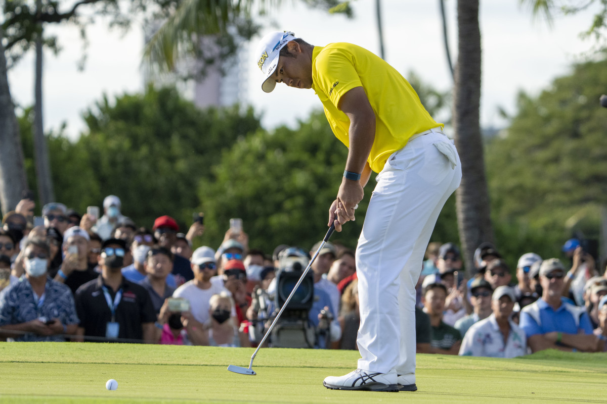 Hideki Matsuyama wields a Scotty Cameron Timeless Newport 2 GSS tour prototype putter. 